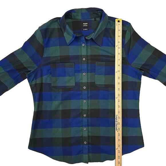 prAna Womens Meadow Run Flannel Shirt Sz M Soft Pine Plaid Sustainable Recycled - Picture 8 of 10